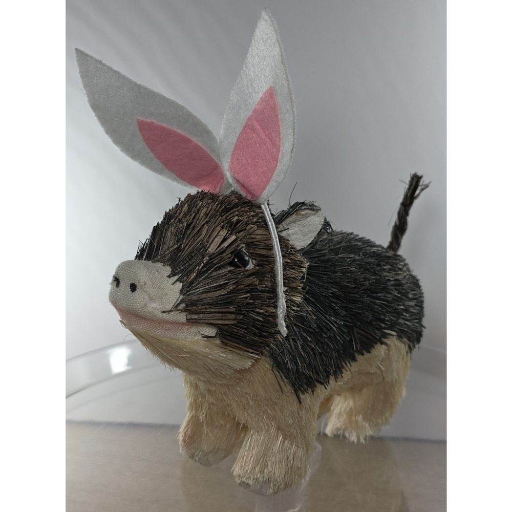 Easter Brown White Wood Bristle Pig with Rabbit Bunny Ears 5 x 7 x 3
